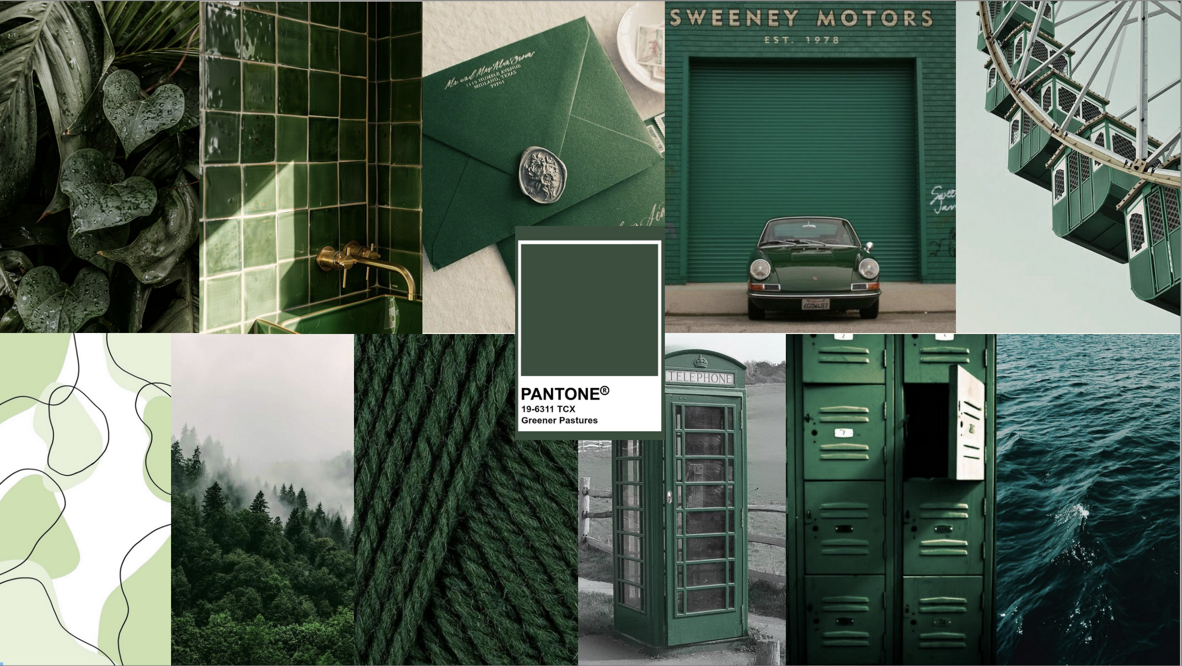 Collage d’inspirations visuelles autour du vert : feuillage tropical, carrelage vert foncé, corde, mer, objets vintage et la teinte Pantone 19-6311 "Greener Pastures", exprimant une ambiance naturelle, rétro et écoresponsable.
