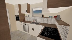 Rendu 3D d’une cuisine au style contemporain, avec meubles blancs, plan de travail en bois, plaque à induction noire, double évier inox et crédence vintage pour une ambiance lumineuse et élégante.