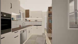 Vue d’ensemble d’une cuisine moderne alliant blanc, bois et crédence vintage, optimisée pour la circulation et la lumière naturelle.