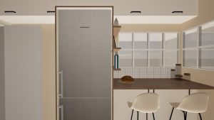 Rendu 3D d’un espace cuisine avec grand réfrigérateur intégré, plan bar bois et chaise haute, dans une ambiance sobre et élégante.