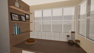 Étagères ouvertes en bois avec objets décoratifs et vue sur grande baie vitrée, dans une cuisine à la fois chaleureuse et fonctionnelle.