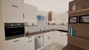 Modélisation d’une cuisine avec meubles blancs, four encastré, plan de travail bois et carrelage mural à motif graphique.