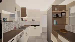 Visualisation 3D d’une cuisine contemporaine avec meubles blancs, crédence à motifs, électroménager encastré et agencement optimisé pour la lumière naturelle.