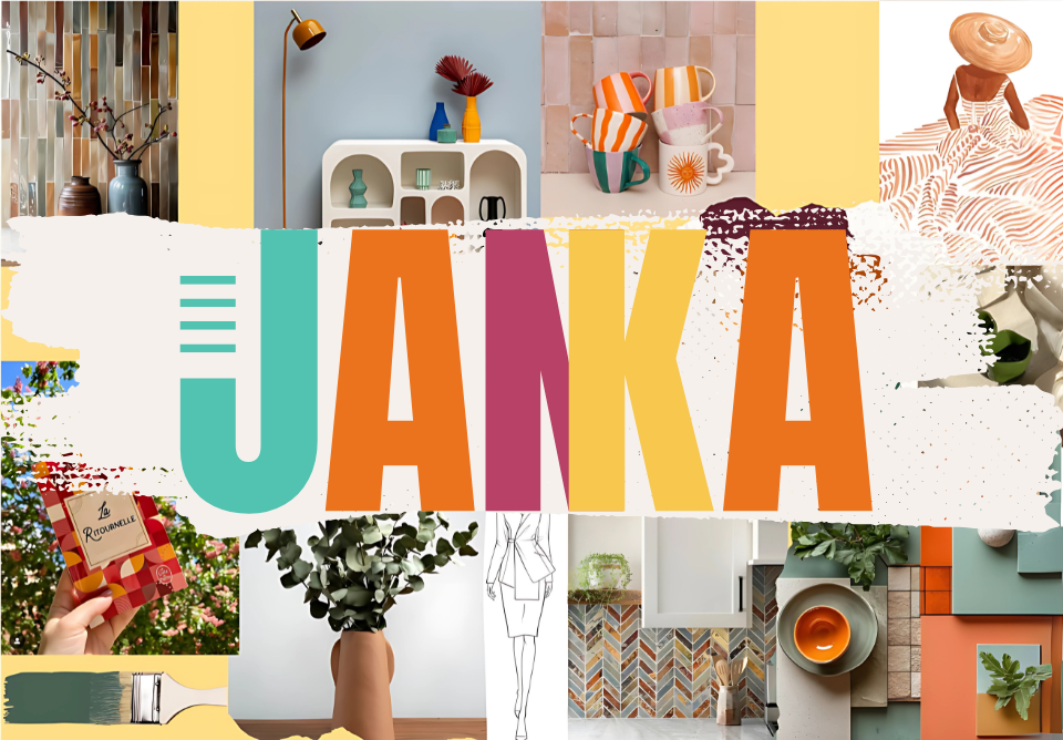 Collage coloré avec le logo JANKA, représentant l’univers créatif et durable de la décoration intérieure écoresponsable.