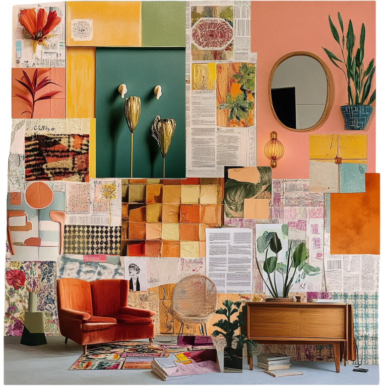 Collage décoratif mêlant fauteuil orange vintage, buffet bas en bois, tissage mural, pages de journaux, plantes vertes et teintes chaudes, illustrant un univers éclectique, inspiré du design rétro et de l’artisanat décoratif.
