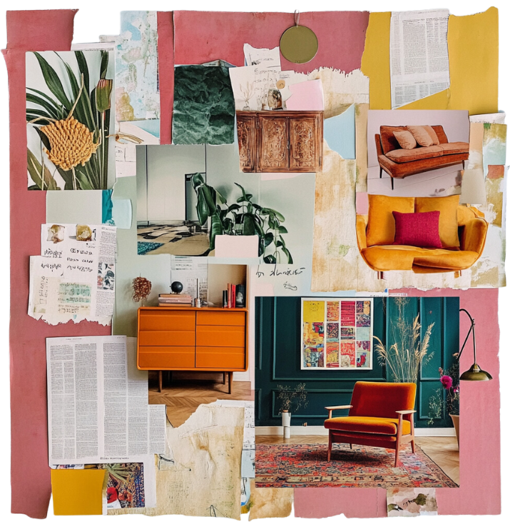 Collage visuel inspirant autour de la décoration intérieure : fauteuils vintage orange et moutarde, plantes vertes, buffet rétro, papiers peints, textures naturelles et ambiance chaleureuse, exprimant un style éclectique, coloré et responsable.